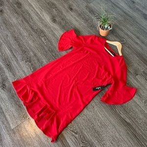 Lulus Red Shift Dress with Bell Ruffle Sle…